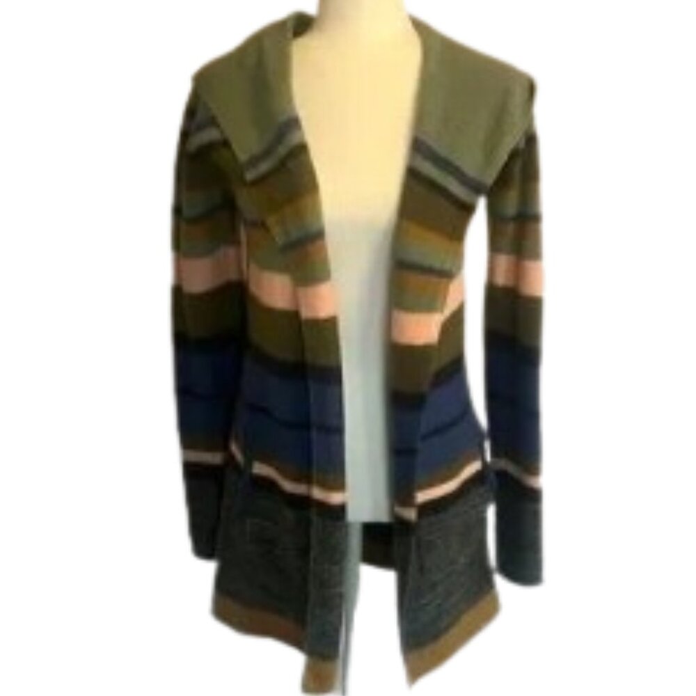 Toad & co Merino Heartfelt  Open-Front hooded Striped Cardigan size S EUC